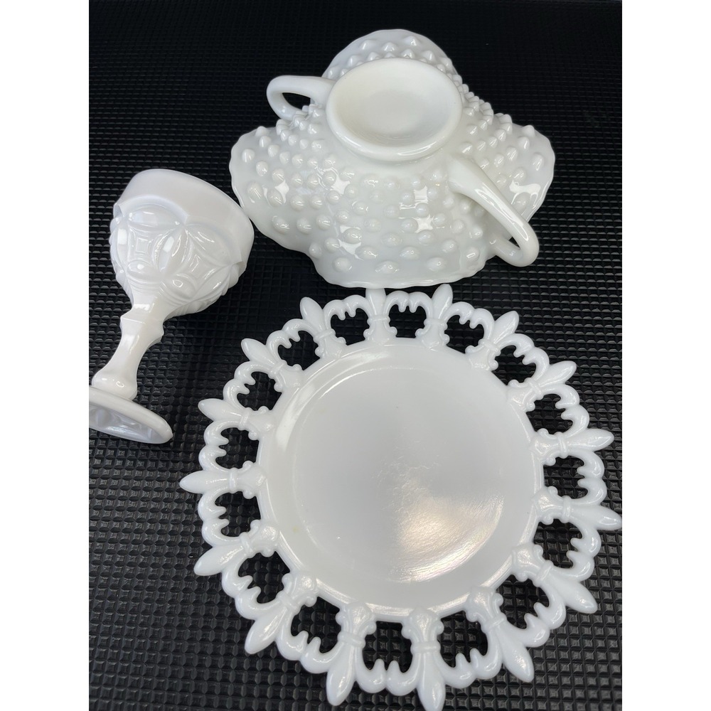 Milk Glass Fenton Hobnail Candy Dish, Reticulated Plate & Goblet‎ Set Of 3